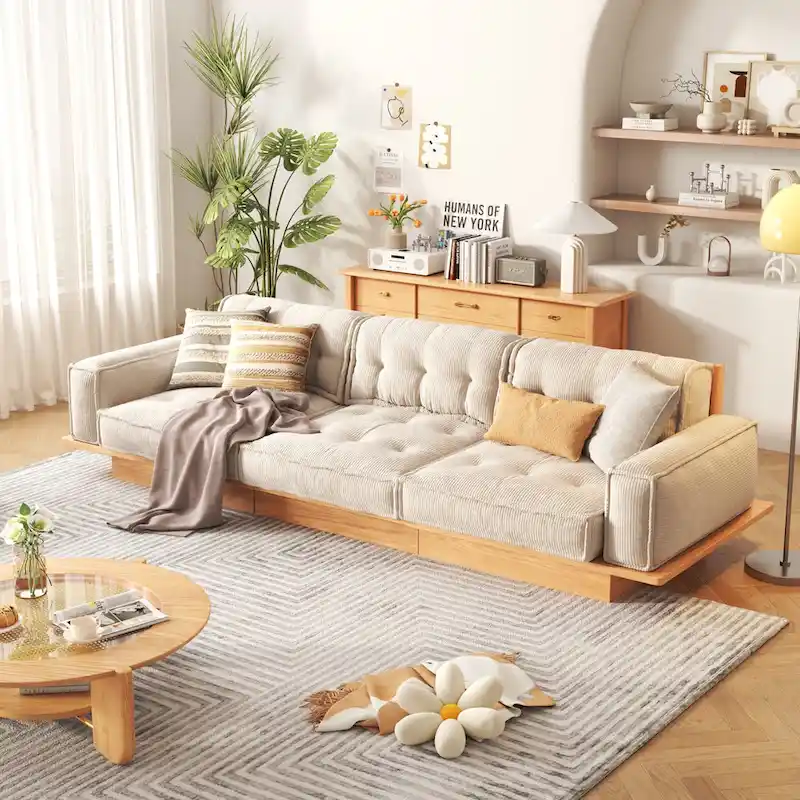 Modern Corduroy Upholstered Sofa with Solid Wood Frame – Beige