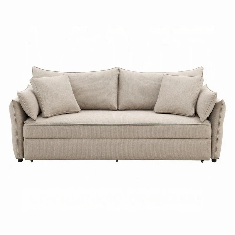 Leif Sofa with Full Size Pull Out Sleeper, 87 Inch Wood, Beige Fabric