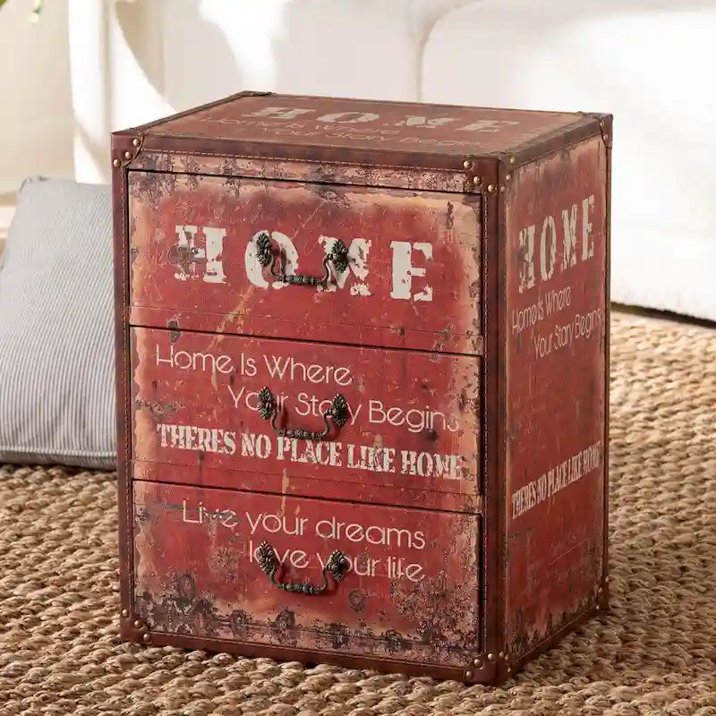 Lorand Vintage Faux Leather and Wood 3-Drawer Storage Trunk
