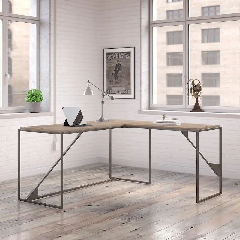 Rustic Gray L Shaped Industrial Desk with Steel Frame for Adults