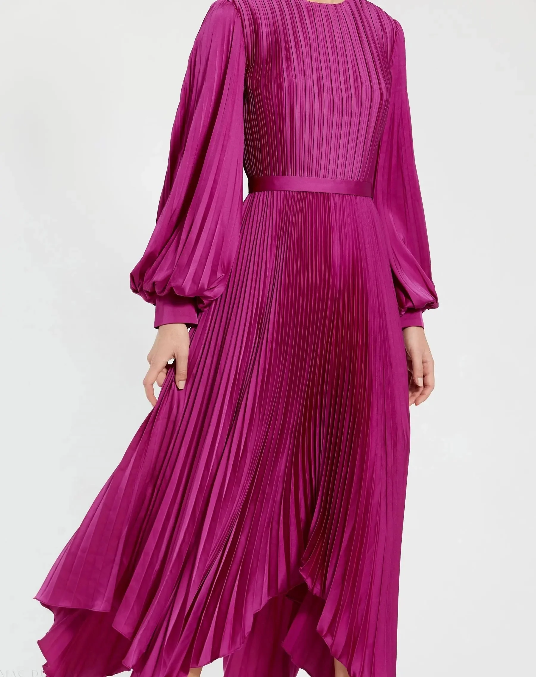 Purple Long Sleeve Pleated Charmeuse Handkerchief Dress