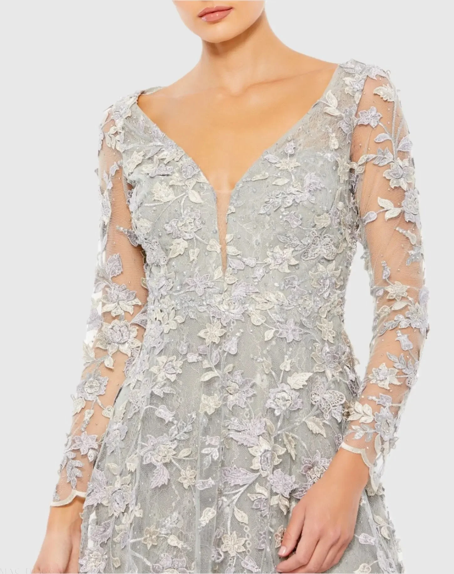 Gray Floral Applique Long Sleeve Illusion Gown