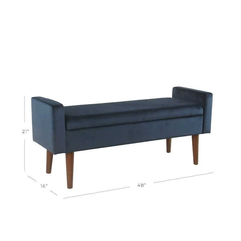 Dark Blue Velvet Storage Bench – Mid-Century Style, Seats 1