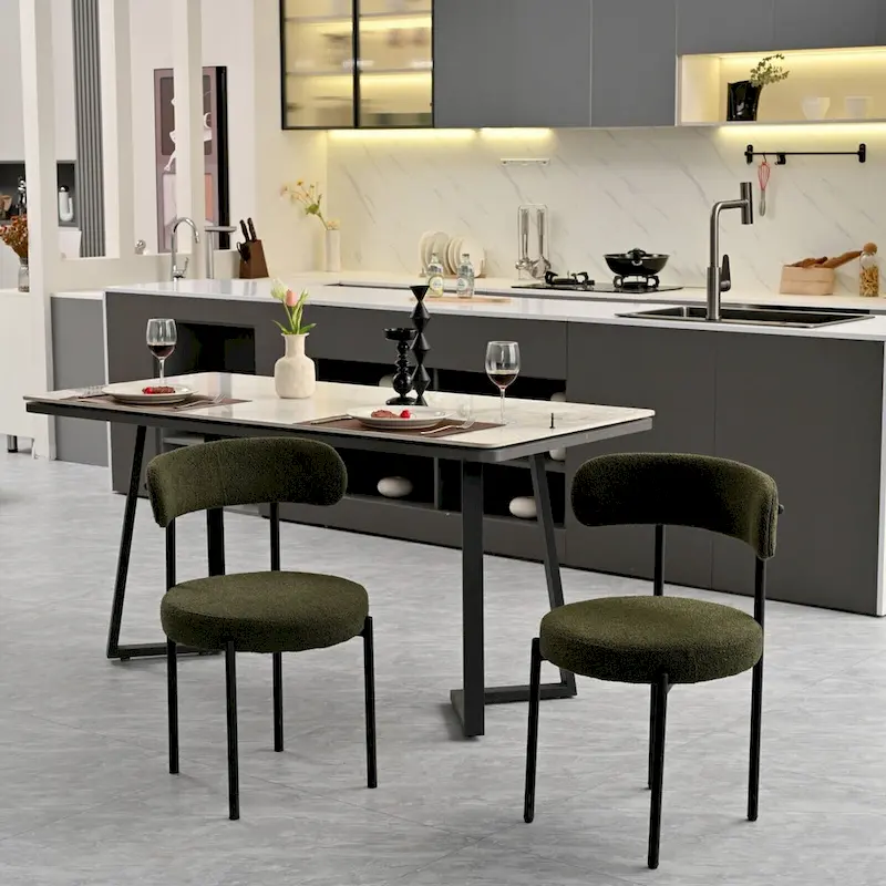 Boucle Dining Chairs Set of 2,Mid-Century Modern Curved Backrest Chair,Round Upholstered Kitchen Chairs