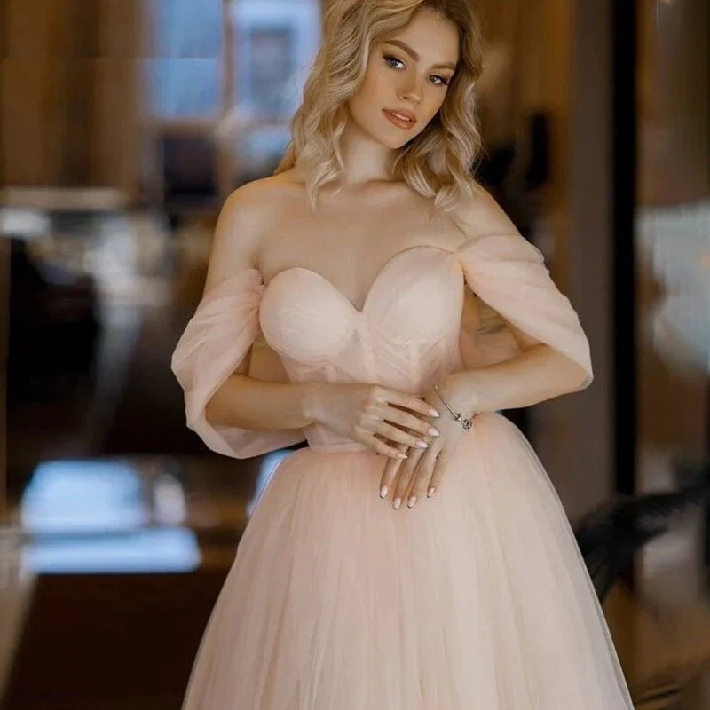 A Line Pink Tulle Tea Length Prom Dress