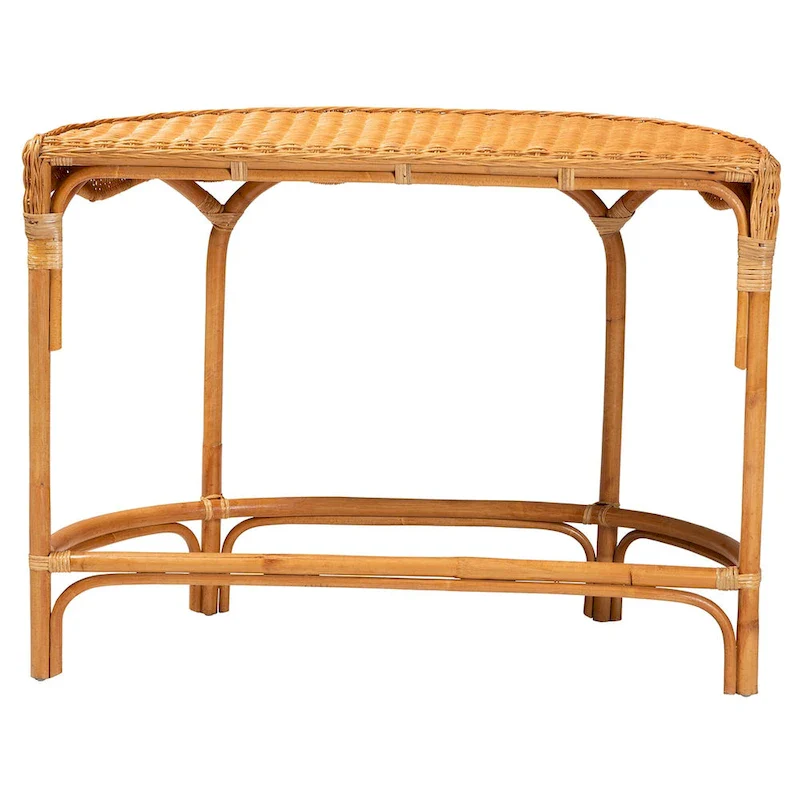 42-Inch Modern Bohemian Natural Rattan Console Table with Half-Moon Top, Scalloped Details for Entryway
