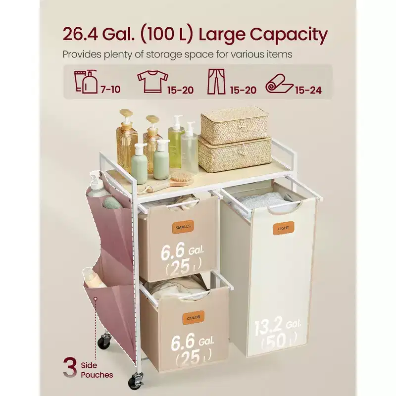 VASAGLE Laundry Hamper with 3 Compartments, 26.4 Gal. (100 L) Laundry Sorter, Rolling Laundry Cart with Shelves, Small Side Pockets