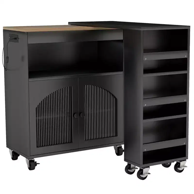 AEELLEEA Kitchen Island On Wheels with Extended Table MDF Rolling Kitchen Storage Cart 2 Fluted Glass Doors Side 3 Open Shelves Black