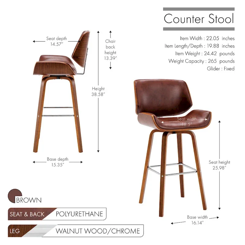 Swivel Counter Stool with PU Leather Seat and Wooden Legs