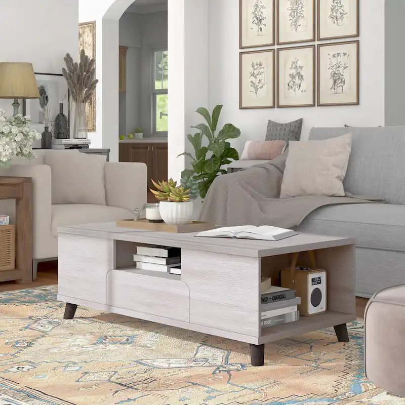 White Oak Mid-Century Modern Coffee Table with 3 Open Shelves & 1 Drawer - Single Use