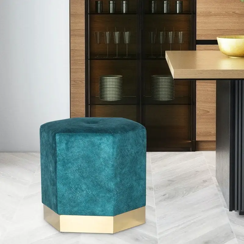 Blue Hexagon Ottoman Stool, Suede, Single Seat