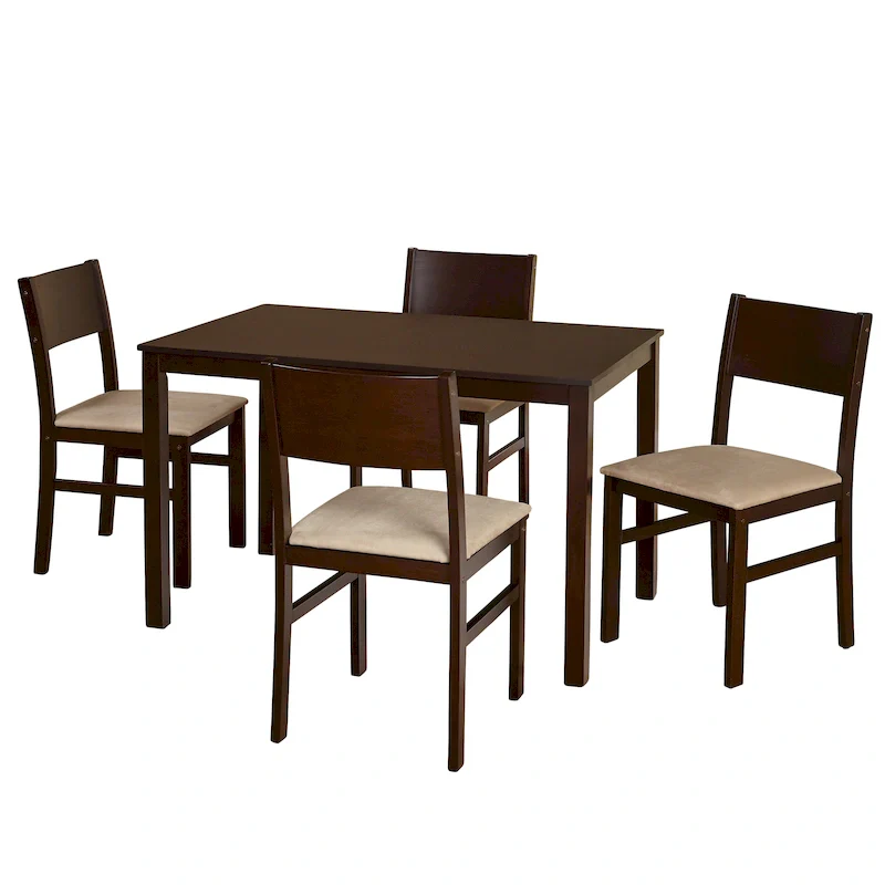 Solid Rubberwood Dining with Cushioned Chairs – White / Espresso, Microfiber / Faux Leather, Seats 4