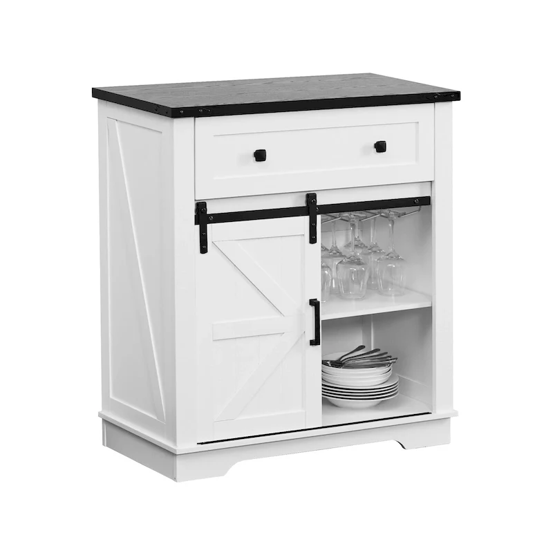 Farmhouse Buffet Sideboard with Sliding Barn Door, Drawer, and Glass Slots