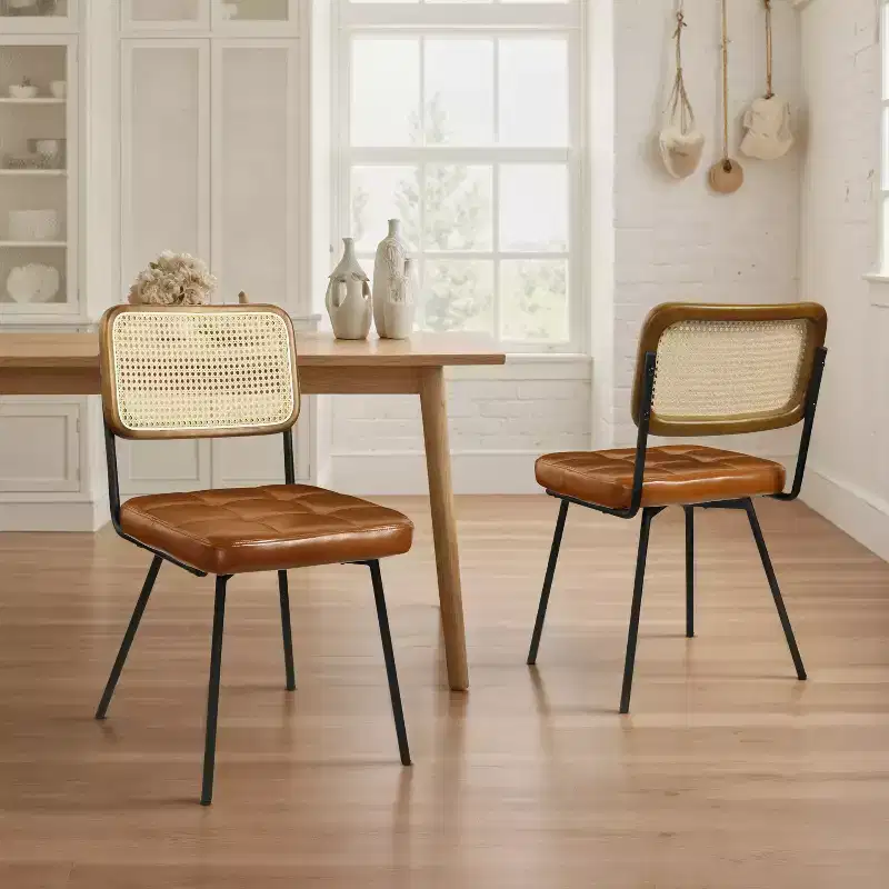 Art Leon Set of 2 Faux Leather Armless Cane Dining Chair with Metal Frame