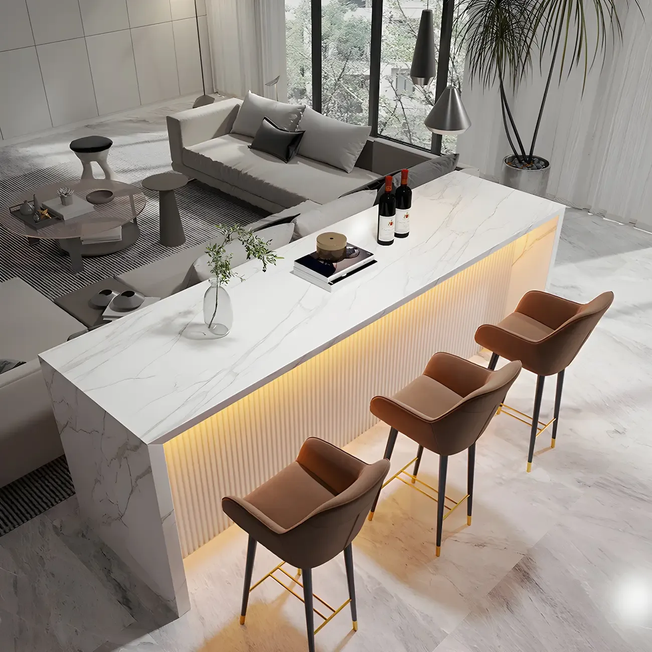 Modern LED White Marble Counter Height Bar Table