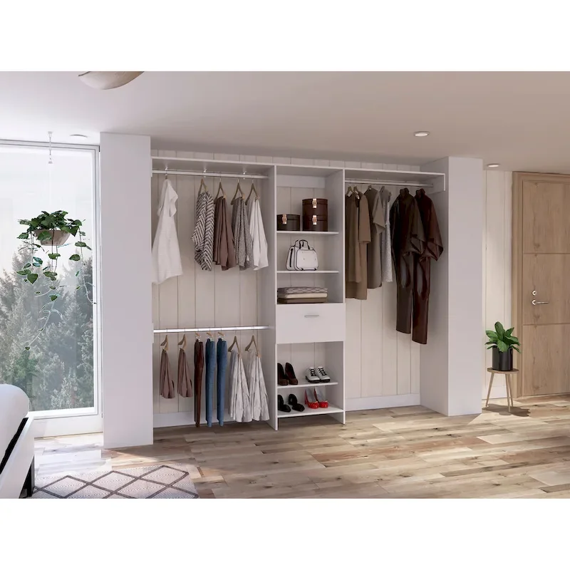 Cross Closet System with Drawer, 3 Metal Rods, and 5 Open Shelves