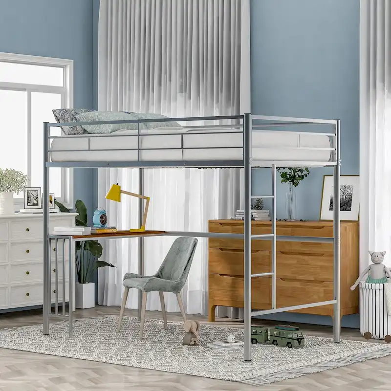 Metal Loft Bed with Desk, Ladder and Guardrails