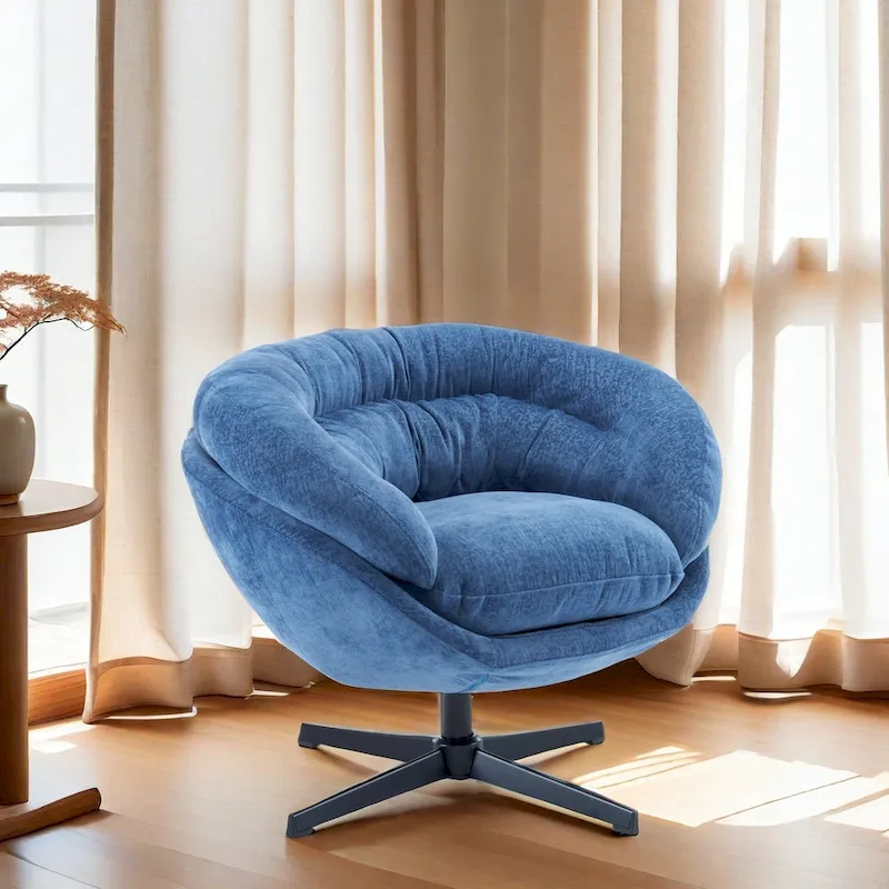 Chenille Upholstered 360 Swivel Club Chair/Accent Chair with Removable Cushion, Round Office Chair with Black Metal Base