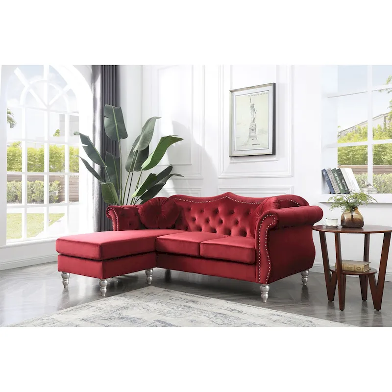 Hollywood 81 in. Velvet Chesterfield Sectional Sofa with 2-Throw Pillow - 81L x 35W x 34H