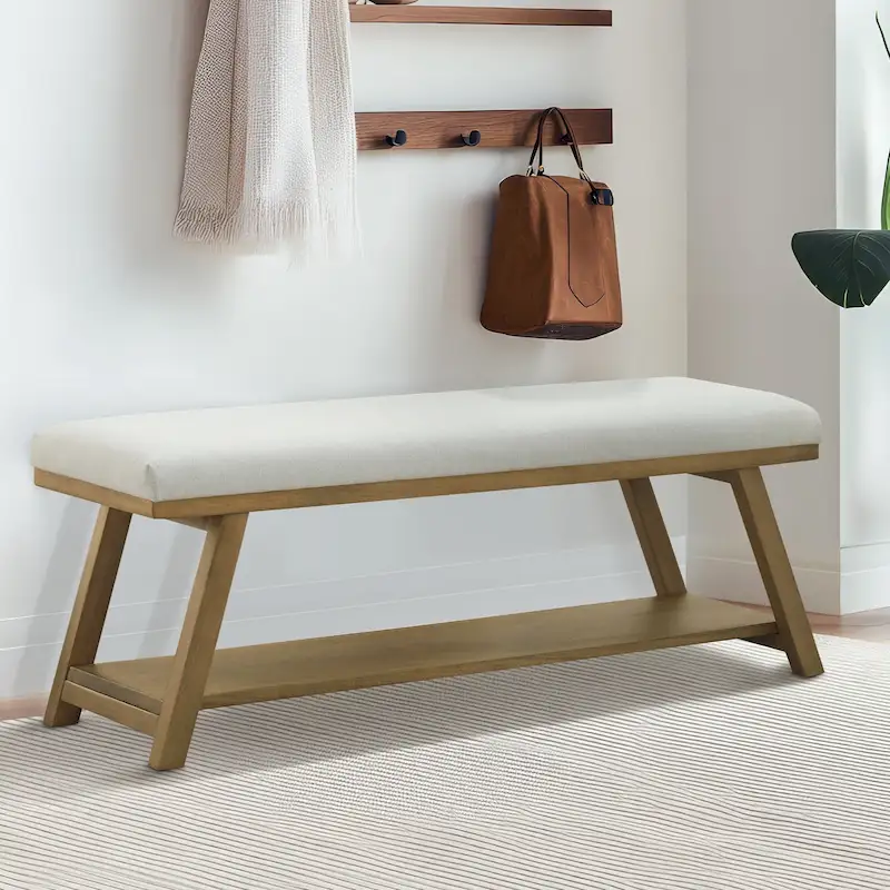 Upholstered Storage Bench with Solid Wood Frame – Beige / Grey / Light Grey