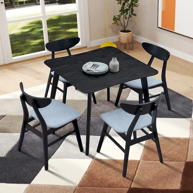 Wood Dining Table Set for 4, 5 Piece Kitchen Dining Table Set with Square Dining Table and 4 Fabric Upholstered Chairs