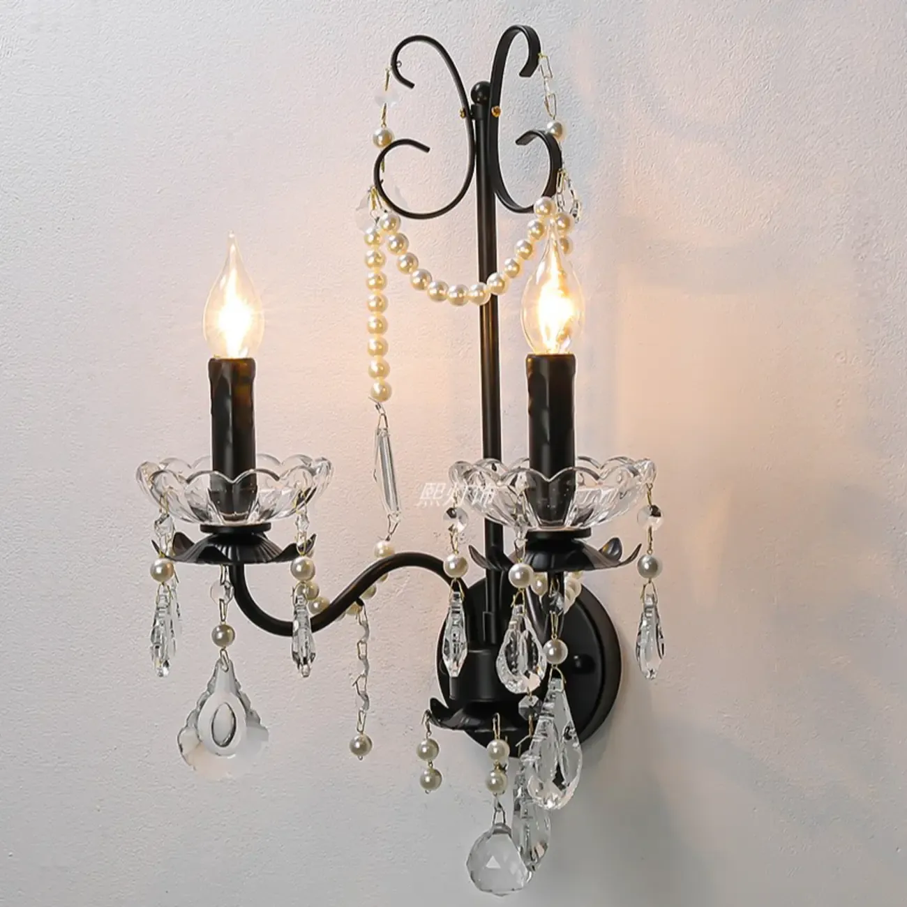 Black Modern 2-Light Candelabra Wall Sconce with Crystal