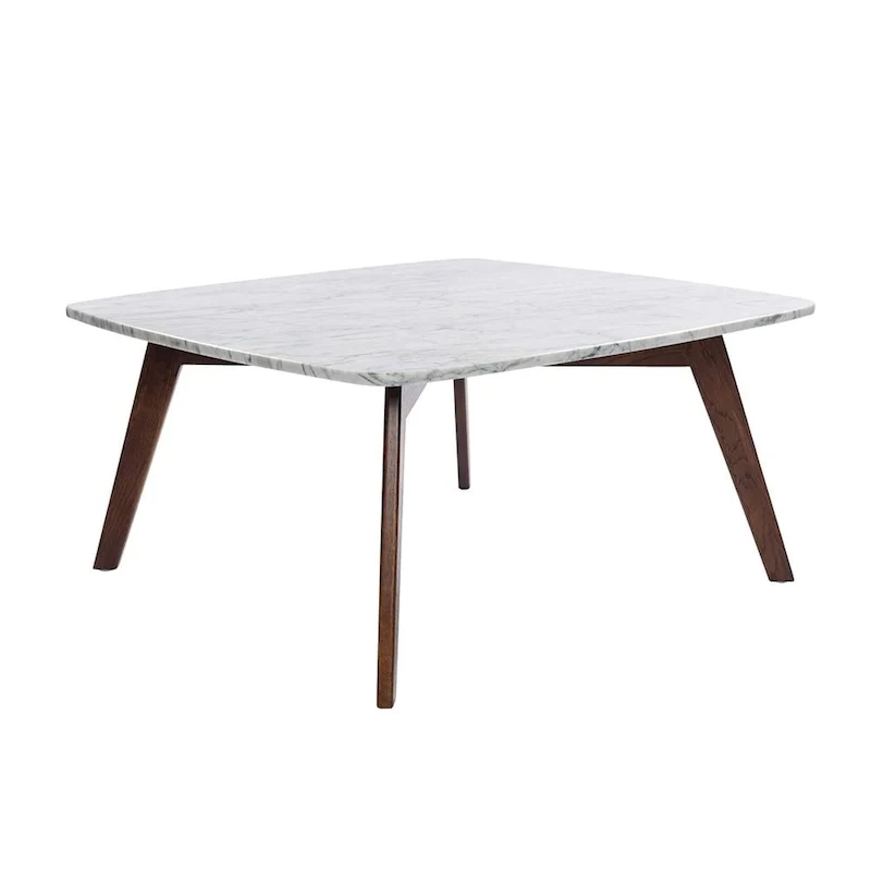 Square Marble Top Coffee Table with Elm Wood Legs – White & Walnut, Mid-Century Modern Style
