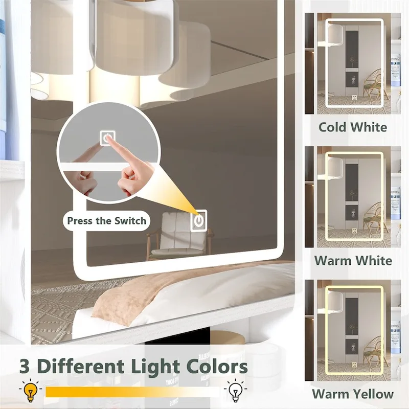 White Vanity Desk with LED Mirror, 4 Drawers & Cabinet, 1-Person