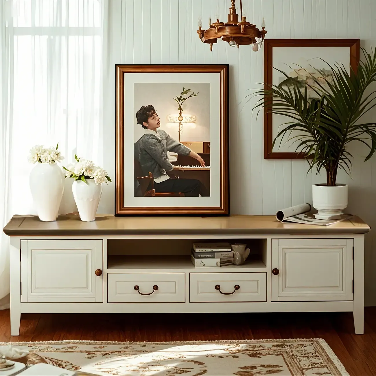 71 Coastal Wood Brown Cabinet Doors TV Stand with Legs