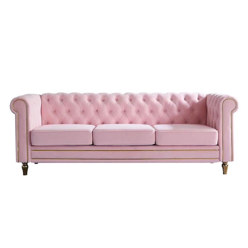 Green / Pink Velvet Chesterfield Sofa with Gold Trim & Button Tufting – 2-Seat