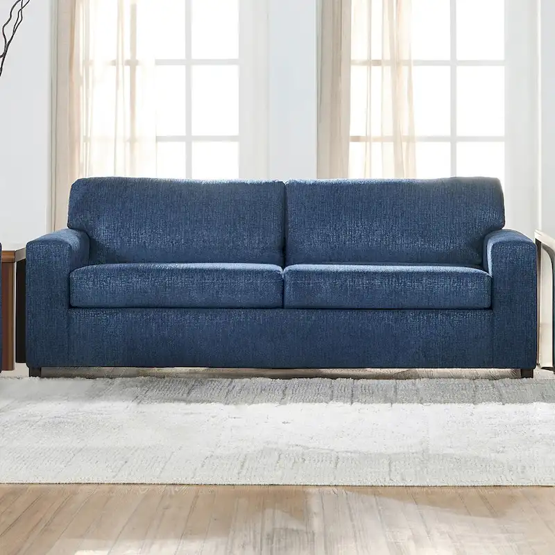 Ash Grey / Blue / Chiffon Natural Transitional Cushion Back Sofa, Seats 3