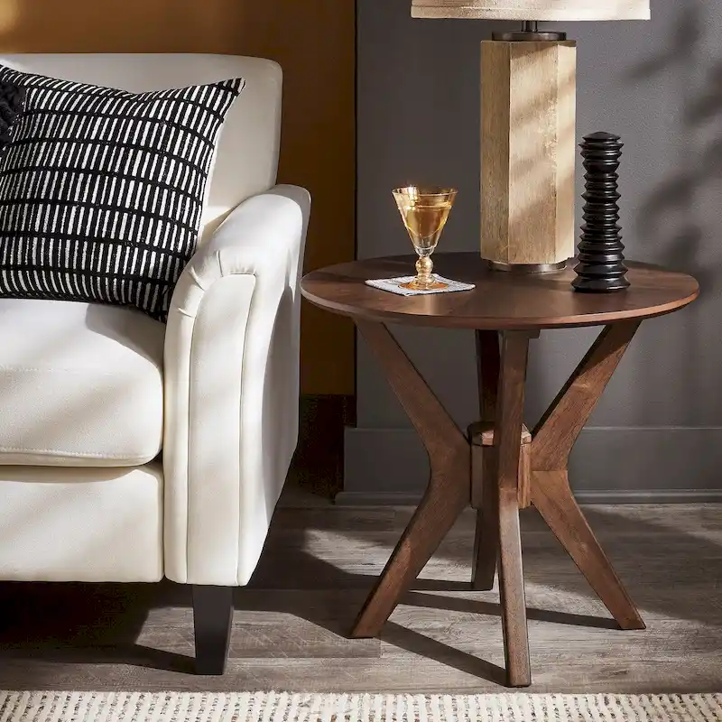 Round Mid-Century End Table – Walnut Finish, Angled Legs