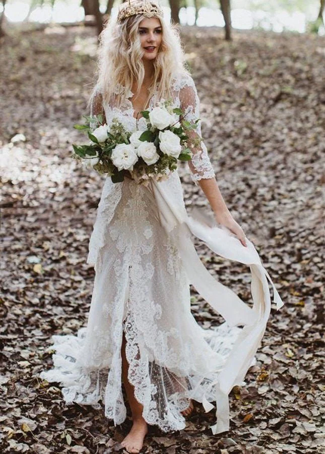 Tulle A-Line Lace Appliques 3/4-Sleeve V-Neck Romantic Bridal Wedding Gowns