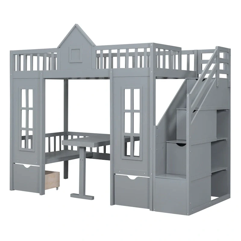 Gray Twin-Over-Twin Bunk Bed with Convertible Desk
