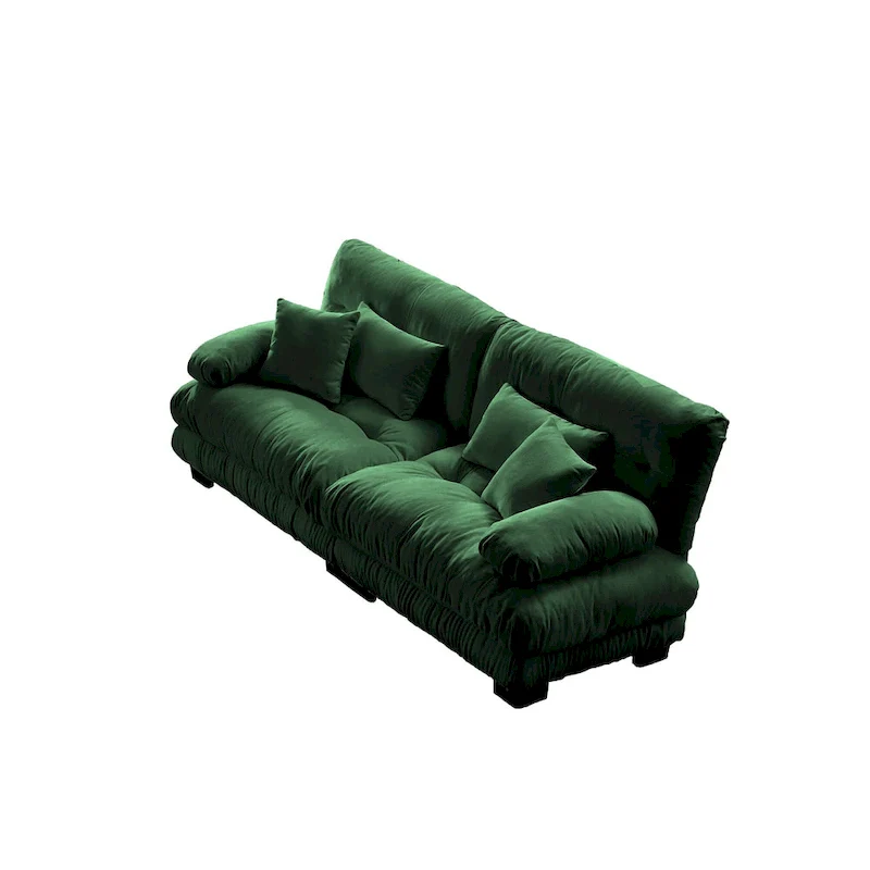 Green Chenille 2-Seater Sofa with Bolster Arms, Lumbar & Throw Pillows