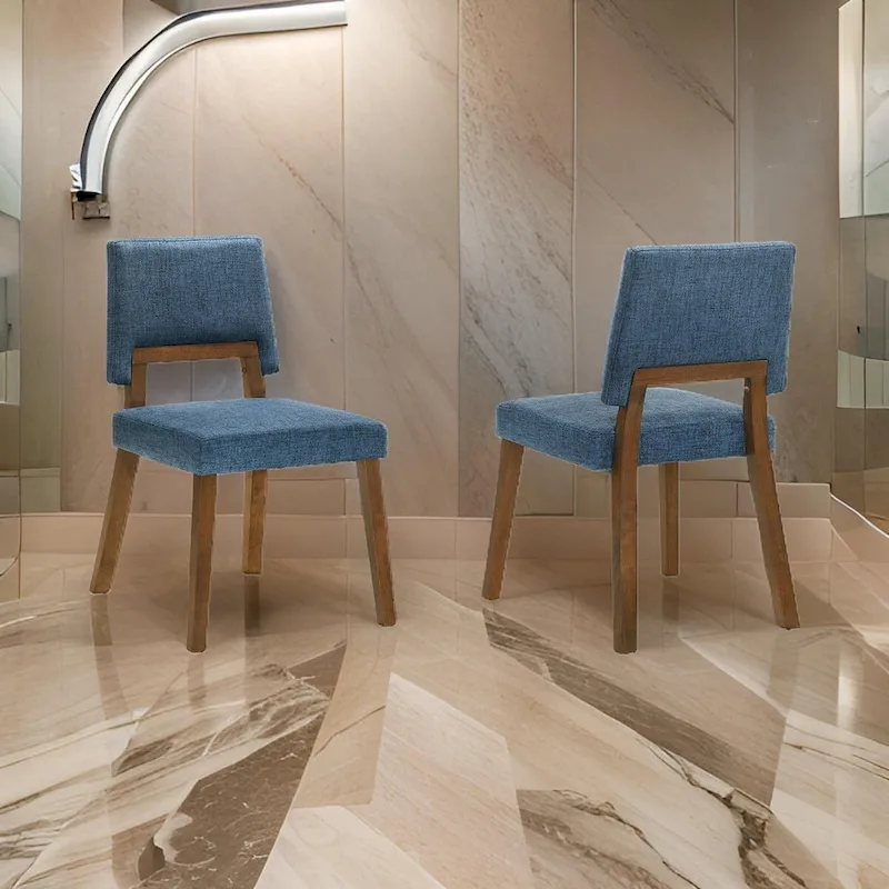 Yumi 23 Inch Dining Chair, Set of 2, Blue Fabric Seat, Walnut Brown