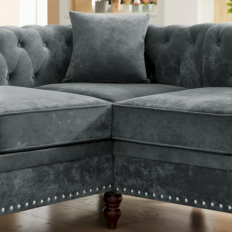 Deep Button Rolled Arm Classic Chesterfield L Shaped Sectional Sofa