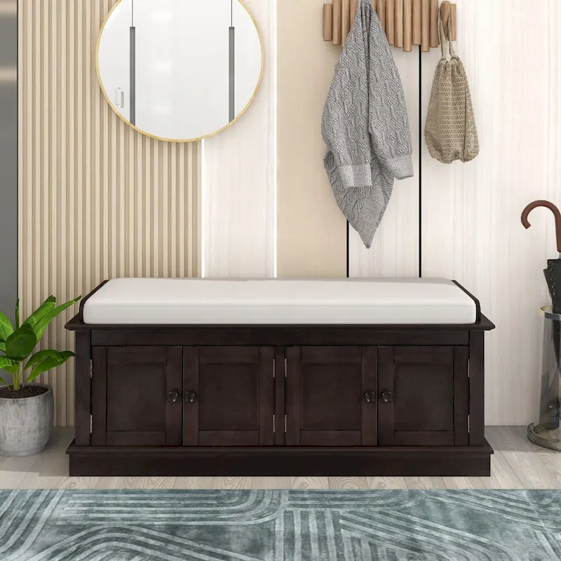 Hallway Storage Bench with 4 Doors & Adjustable Shelves, 42.7 Entryway Shoe Rack with Removable Cushion for Living Room