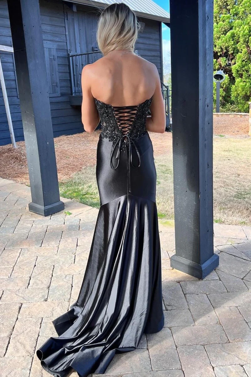 Mermaid Sweetheart Lace Satin Black Prom Dress with Slit