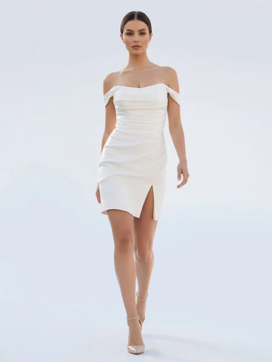 Off-the-Shoulder Short Satin Cowl Neck Simple Formal Wedding Dress With Slit