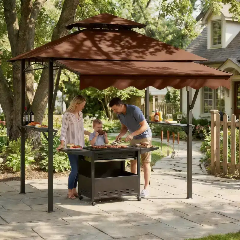 8' x 5' Grill Gazebo Canopy, Heavy Duty Steel Frame, Double-Tiered Outdoor Grill Canopy with Shelves, 10 Hooks for Patio BBQ Backyard