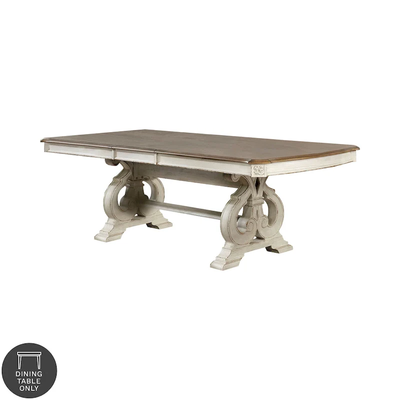 Antique White Farmhouse Pedestal Dining Table, Seats 8