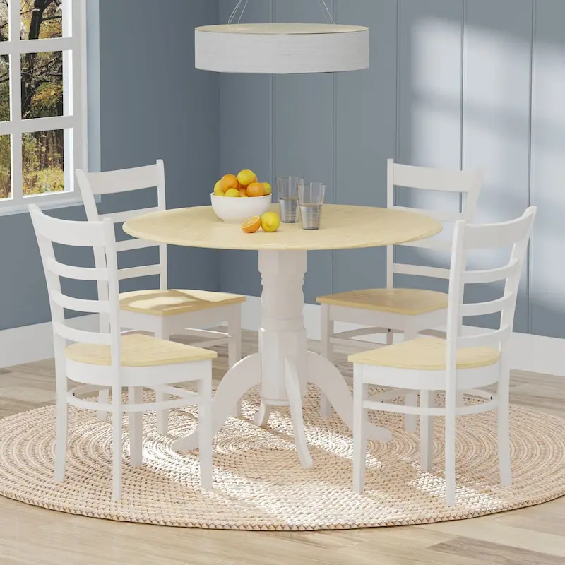 5-Piece Dining Set, 42 Round Drop-Leaf Table and Slat Back Chairs