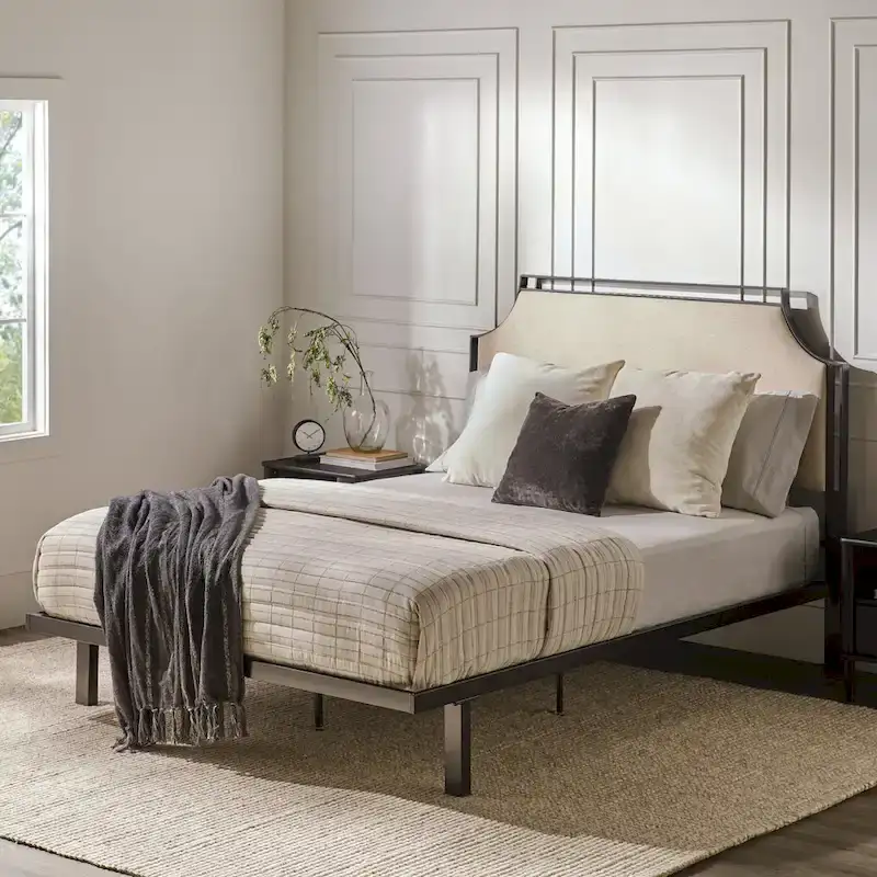 Upholstered Curved Metal Queen Bed Frame