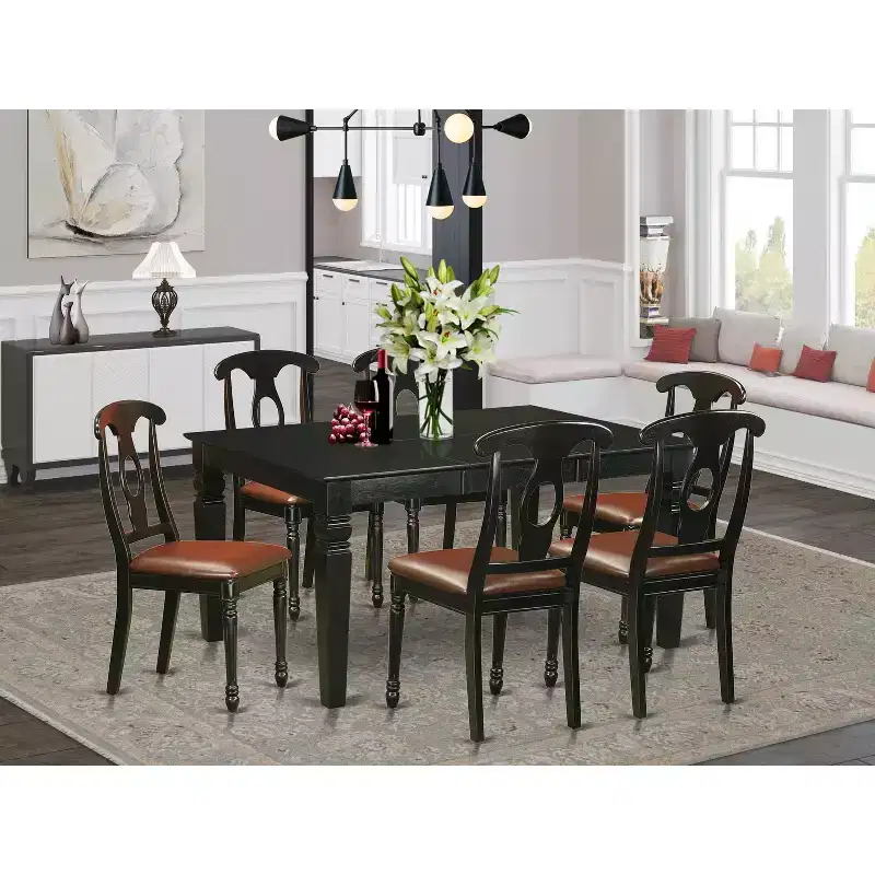 HomeStock 7-Piece Rectangle Black Finish Solid Wood Top Dining Table with 6 Chairs