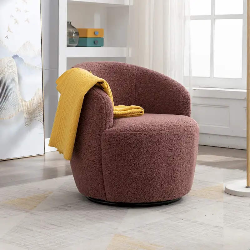 360° Swivel Barrel Accent Chair – Soft Teddy Fabric, Ergonomic Backrest