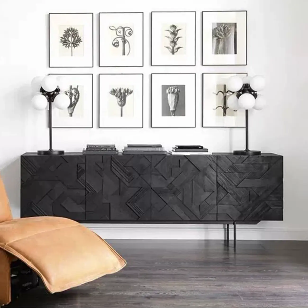 Modern Black Geometric Wooden Buffet Table with Cabinets
