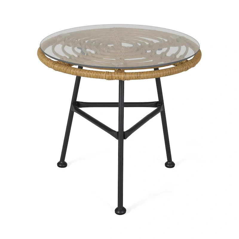 Tee Outdoor Side End Table, 20 Inch Rattan Weave, Glass Top, Steel