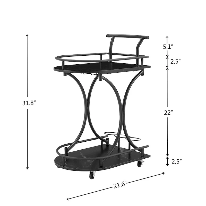Black Wood Kitchen Cart with Wine Rack & Glass Holder Beverage Cart 2-Tier Mobile Bar Serving Cart Rolling Drink Trolley