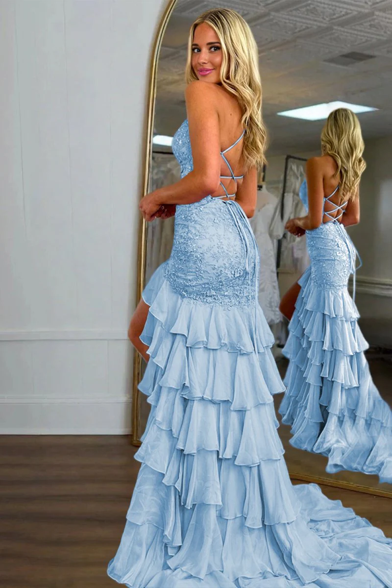 Sky Blue - Spaghetti Straps Mermaid Lace Appliqued Prom Dresses With Ruffles